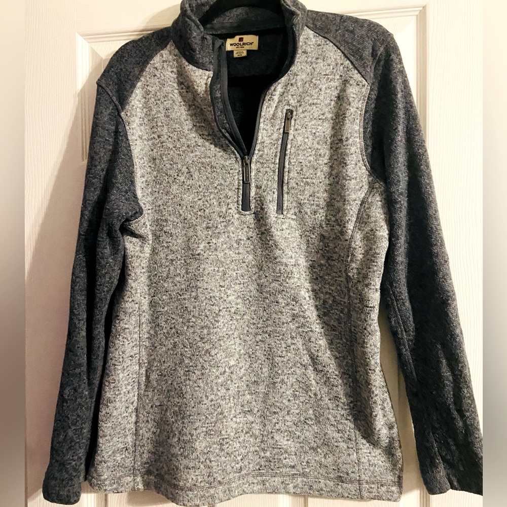 Woolrich 1/4 Zip Pullover Mens Medium Heather Gray Fleece Knit Sweater Coat